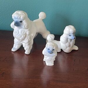 Vintage Miniature Porcelain Poodles White Blue Set Of 3